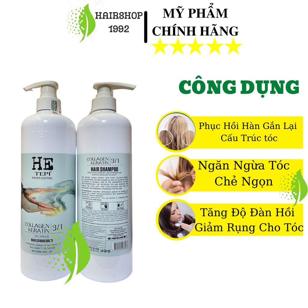 Cặp dầu gội dầu xả HE TEPI Phục hồi tóc hư tổn tái tạo cấu trúc tóc – siêu mềm mượt|bộ dầu gội xả 1000ml * 2