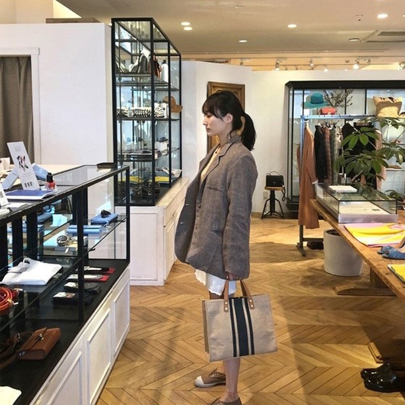 Cặp xách tay nữ sọc túi vải lớn một vai đơn giản | BigBuy360 - bigbuy360.vn