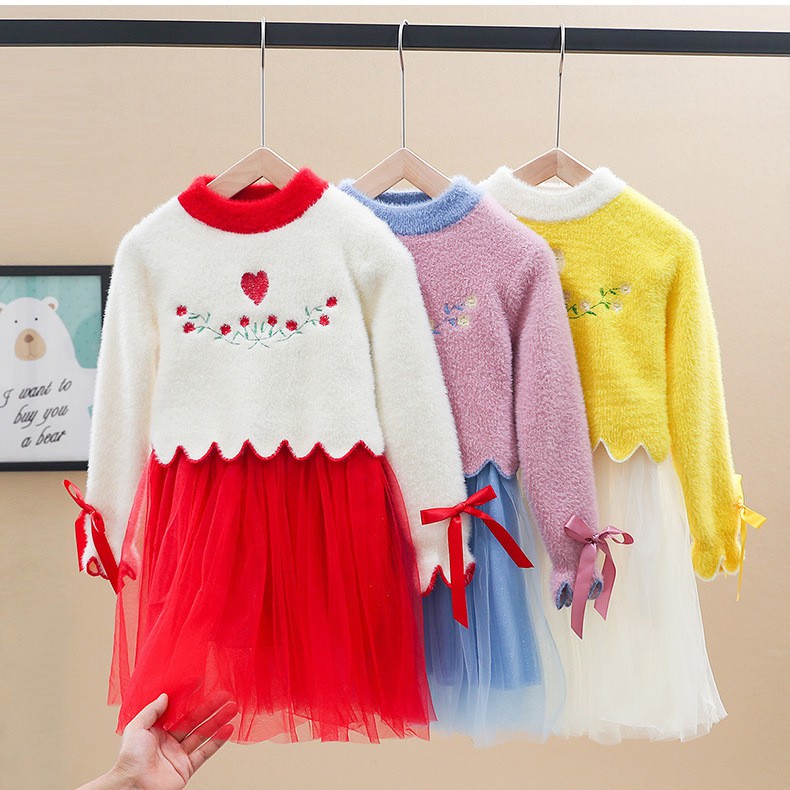 Váy len công chúa bé gái lớn size 14-30kg hàng Quảng Châu thêu hoa nơ xinh xắn