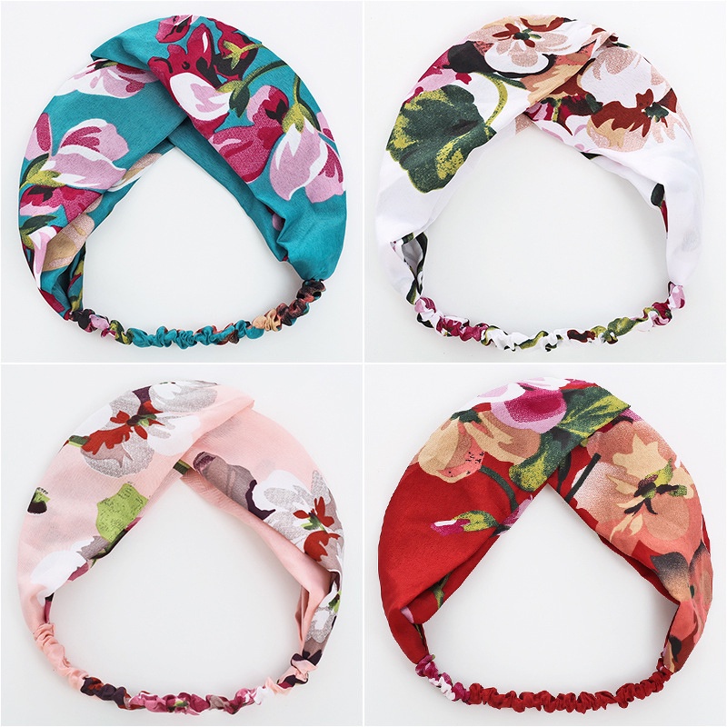 Băng Đô Cài Tóc rửa mặt Bằng Vải Lụa Co Giãn Họa Tiết Chữ Ry Geranium Và Hoa