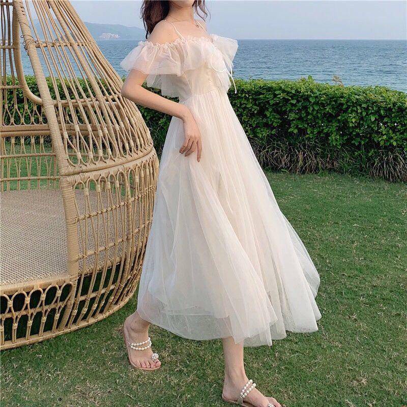 【Phong cách mới mùa hè】Đầm voan dài đến gối, đầm ren đơn giản, đầm cổ tích lệch vai, đầm đi biển đi biển, đầm đi chơi, đầm lưới, váy xòe rộng, váy dài trắng