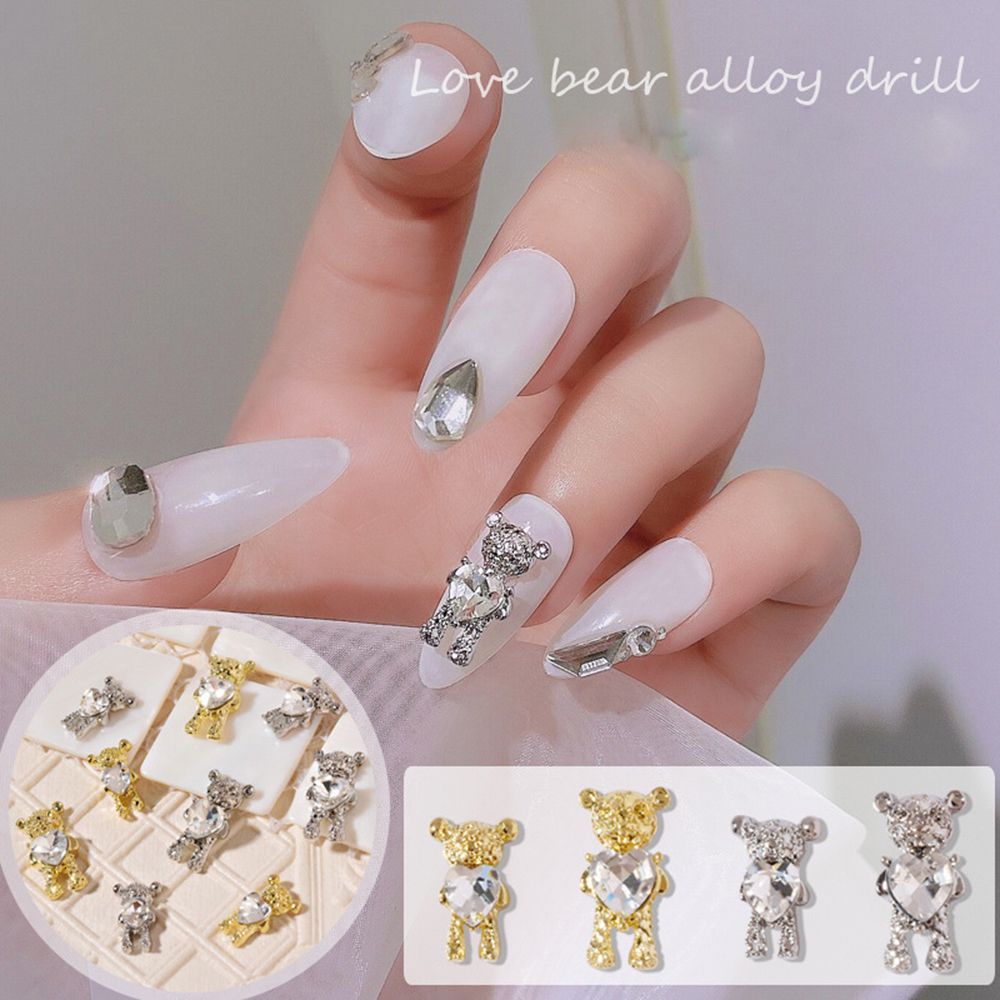 [Hàng mới về] Phụ kiện trang trí móng tay nghệ thuật hình gấu đính đá trái tim 3D xinh xắn thời trang