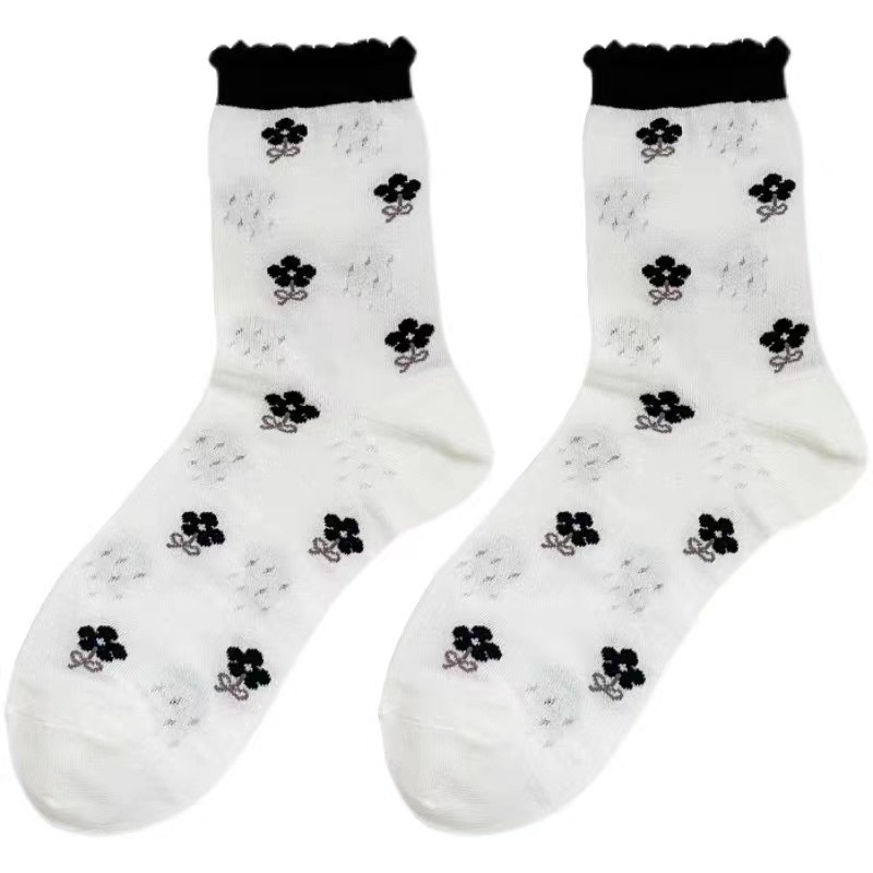 Vớ Cotton Ba Chiều Mỏng Thoáng Khí In Họa Tiết Hoa Màu Đen Phong Cách Nhật Bản Thời Trang Xuân Hè Dễ Phối Đồ Cho Nữ