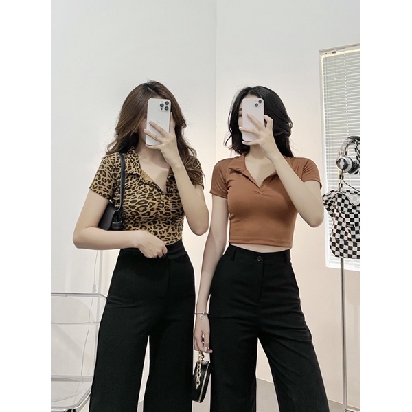 Áo Croptop POLO Áo Thun Crop Có Cổ Vintage Gân Xịn Xò