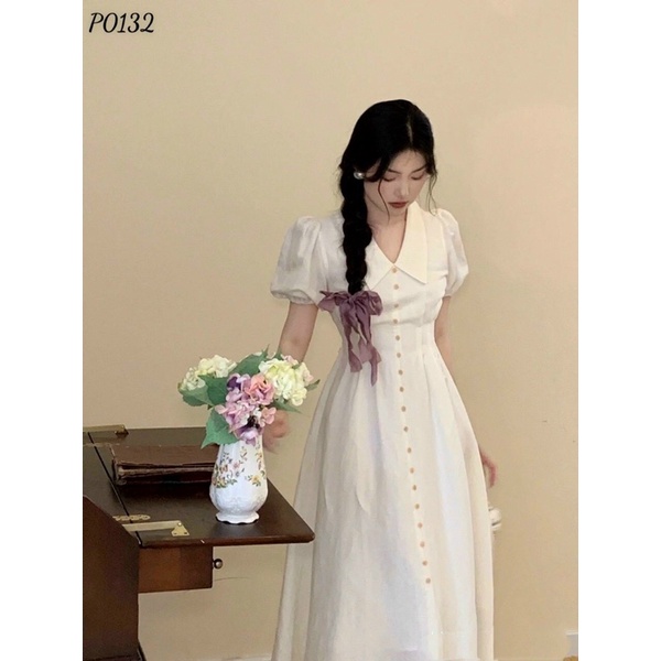 váy trắng tiểu thư sơ mi tay phồng vintage