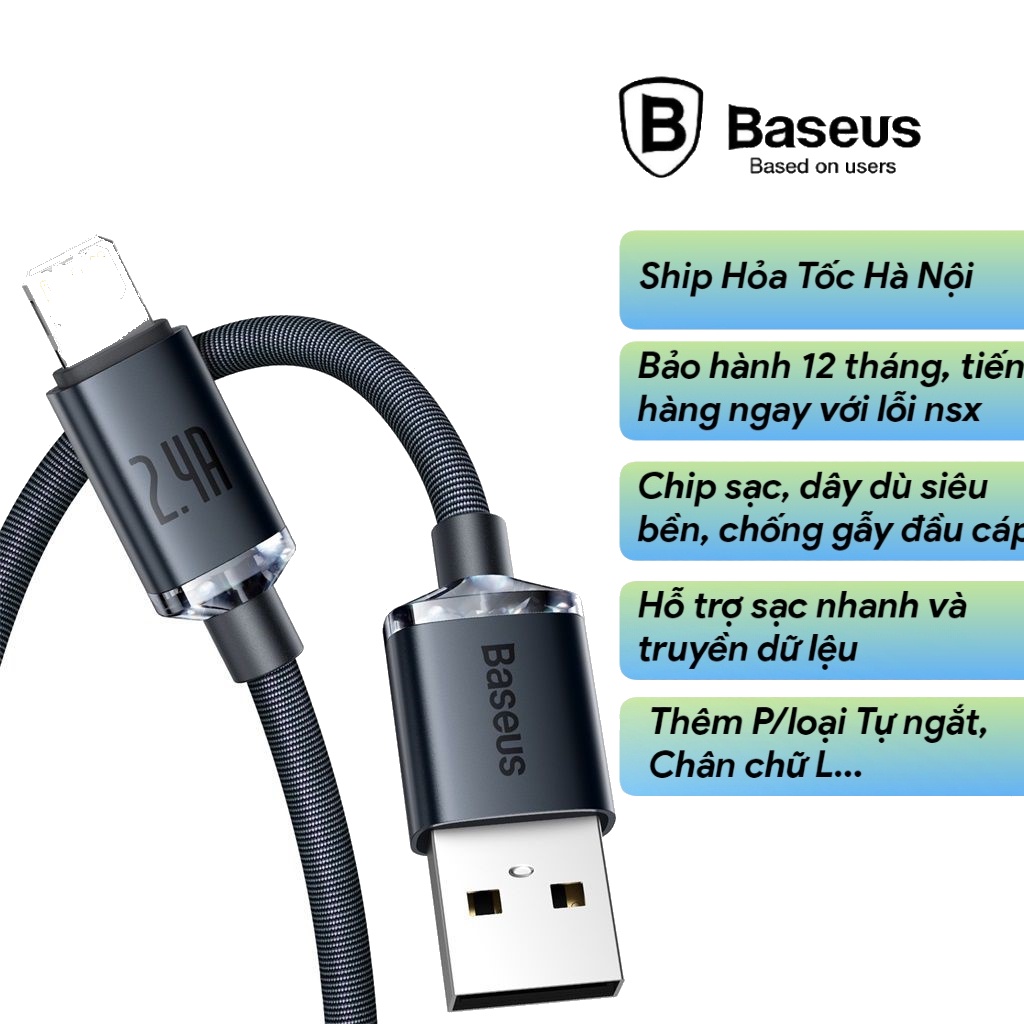 Dây sạc lP Baseus - Cáp hỗ trợ sạc nhanh - Siêu bền - Chống gẫy - Crystal Shine