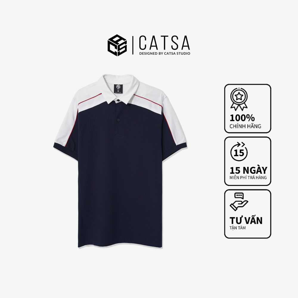 Áo polo cổ bẻ xanh đen phối trắng thun Cotton cao cấp, sang trọng, dáng chuẩn CATSA ATP290