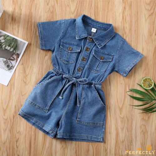 Áo liền quần vải jean màu trơn tay ngắn thời trang cho bé gái 6 tháng- 4 tuổi