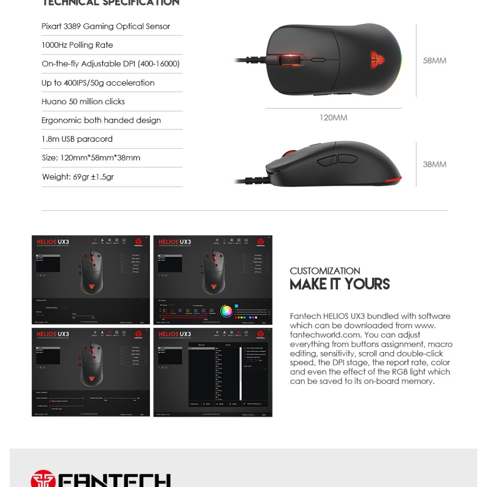 Chuột Gaming Có Dây Fantech UX3 HELIOS 16000DPI LED RGB 16,8 Triệu Màu 6 Phím Macro Có Phần Mềm Tùy Chỉnh Riêng