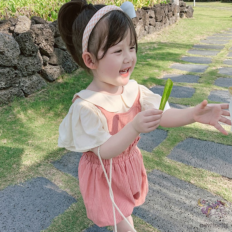 Bộ áo kiểu ngắn tay + quần yếm phong cách Hàn Quốc thời trang mùa hè cho bé gái