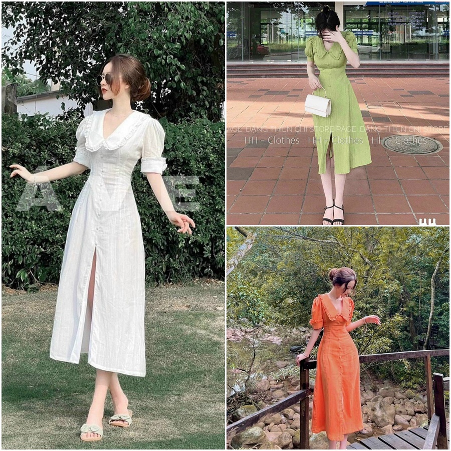 Váy đầm dự tiệc,đi biển,dạo phố cổ bèo nút bấm xẻ tà tiểu thư vintage_cosomi