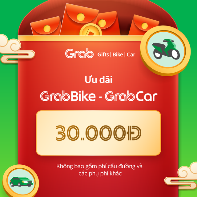 [E-voucher] Ưu đãi 30k cho chuyến xe GrabCar, GrabBike