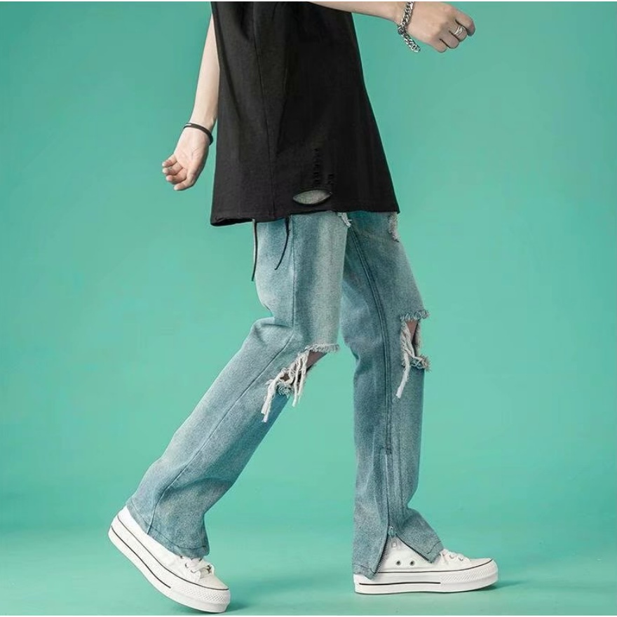 Quần Jeans Rách Phối Khóa Kéo Dáng Rộng Phong Cách Hàn Quốc Thời Trang Cho Nam bigsize quần jean ống suông