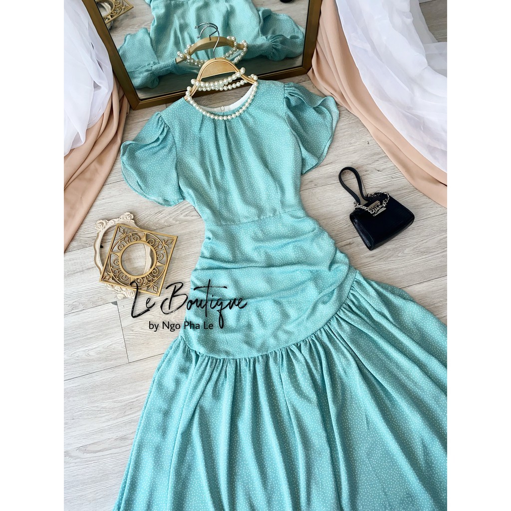 Đầm Cổ Tròn Chấm bi Maxi Dài xòe Bánh bèo, Đi làm đi chơi, du lịch, Trắng, Xanh | BigBuy360 - bigbuy360.vn