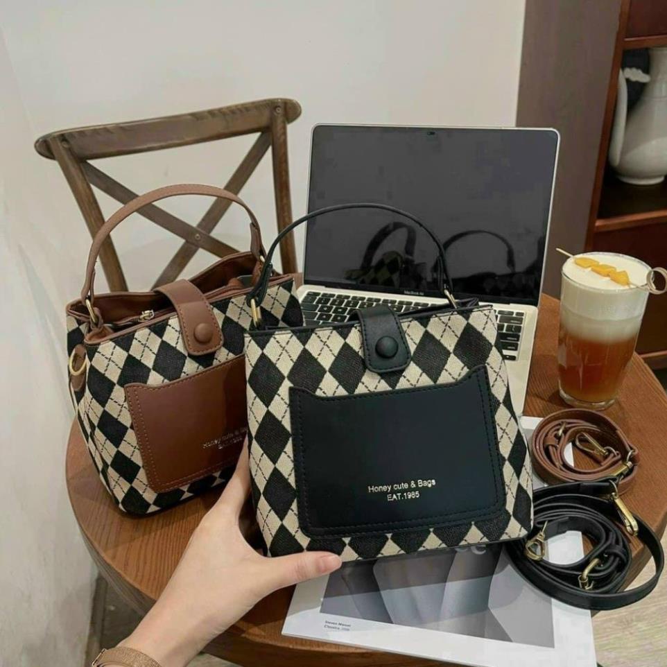 Túi xách nữ 1 dải caro, có quai đeo bằng da, cực độc đáo, lạ mắt, đi kèm khóa nam châm và khóa kéo, sành điệu TC8