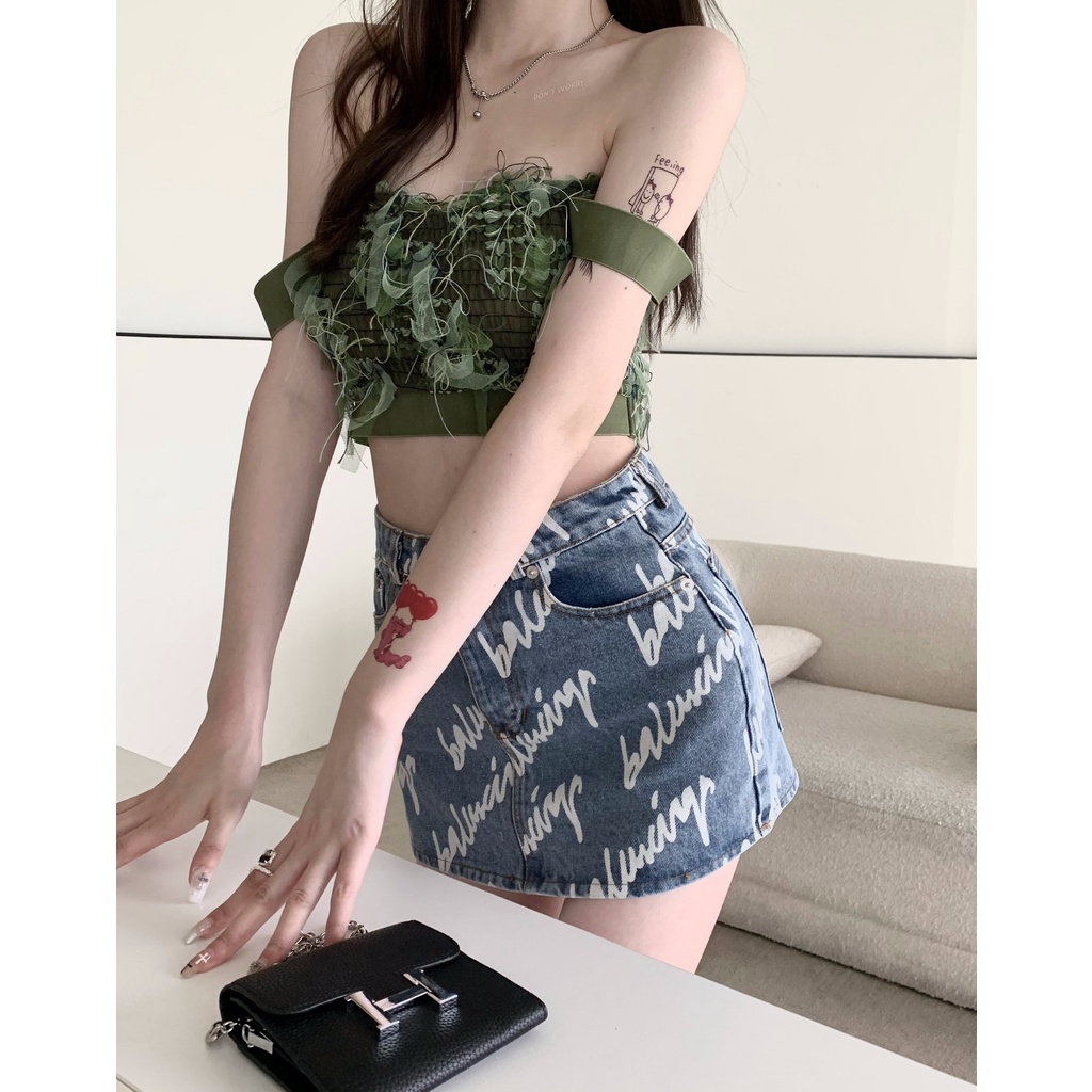 Porozi  Trang phục  chân váy jean dáng chữ A lưng cao/ áo ống thời trang Hàn Quốc dành cho nữ