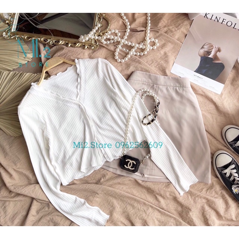 Set áo croptop gân tay dài kèm chân váy