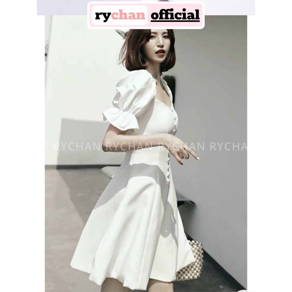 Đầm Xòe Trắng Cổ Vuông Tay Phồng Nút Bọc Lót Trong Dày Dặn - DX0141