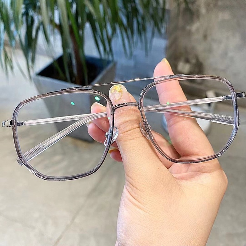 Mắt Kính Gọng Kim Loại Mỏng Tròng Phẳng Kiểu Bất Đối Xứng Chống Ánh Sáng Xanh Thời Trang Cổ Điển Cho Nam Và Nữ