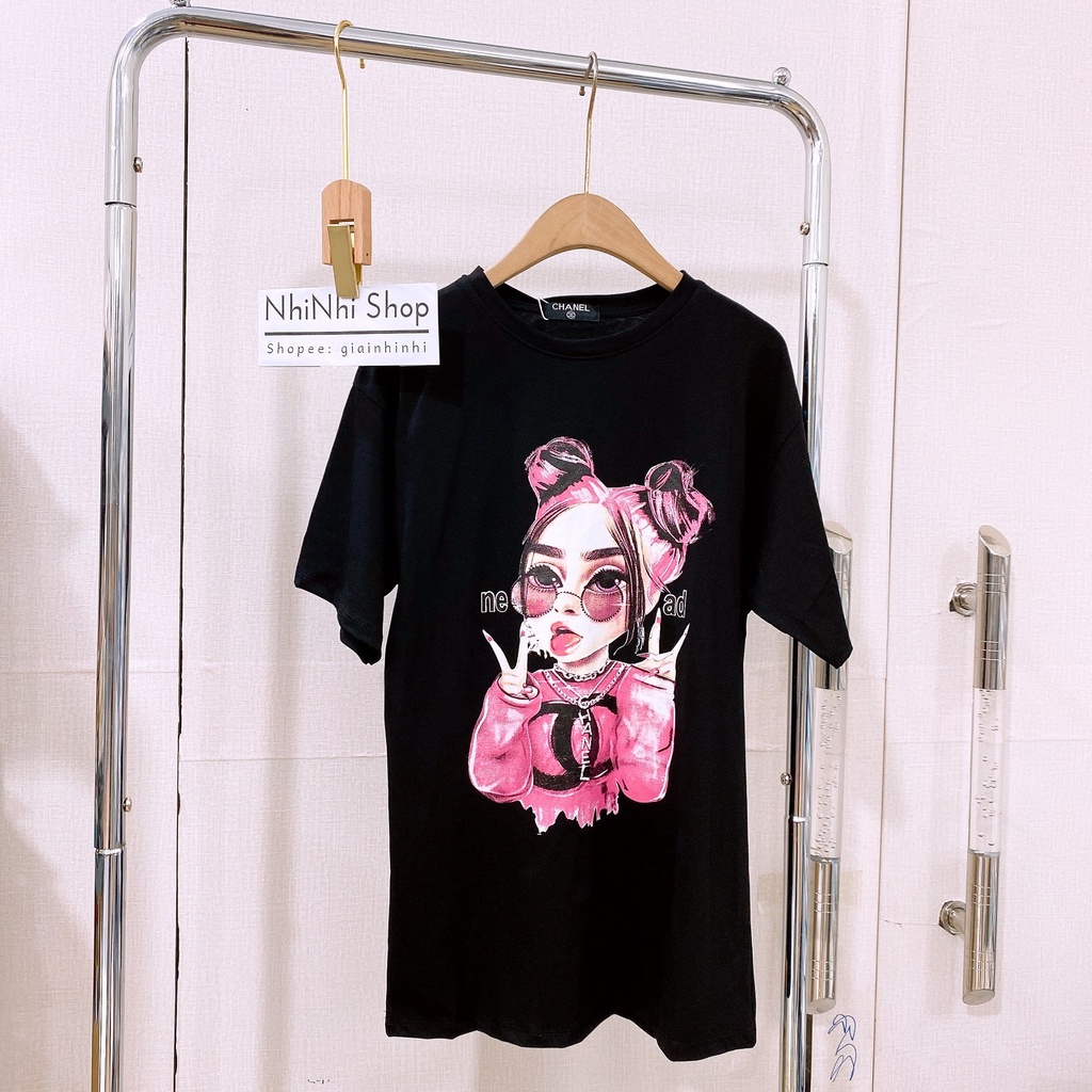 Áo phông in hình cô gái áo hồng form to thụng dáng dấu quần AS7132 - NhiNhi Shop