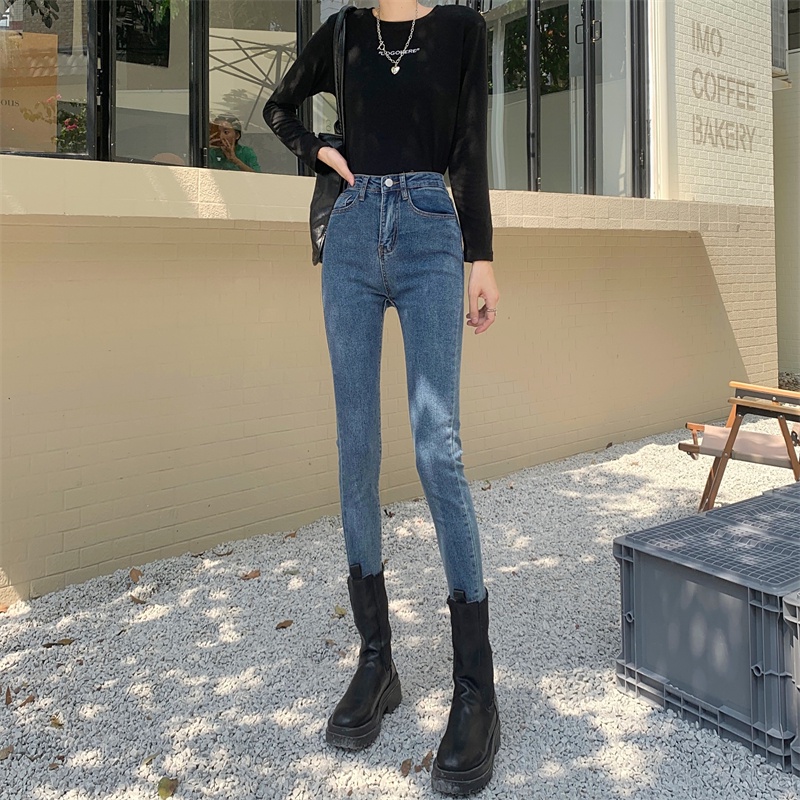 Xiaozhainv Quần jeans nữ lưng cao dáng ôm phong cách Hàn Quốc