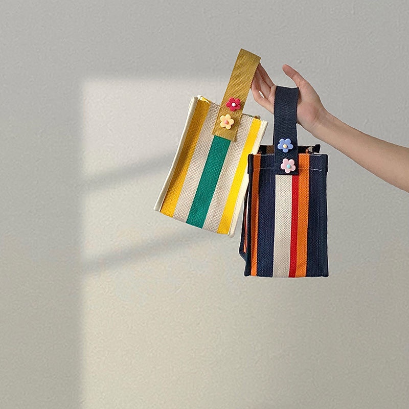 Túi Xách Tay Bằng Vải Cotton Lanh In Họa Tiết Sọc Cầu Vồng Dễ Phối Đồ Cho Nữ