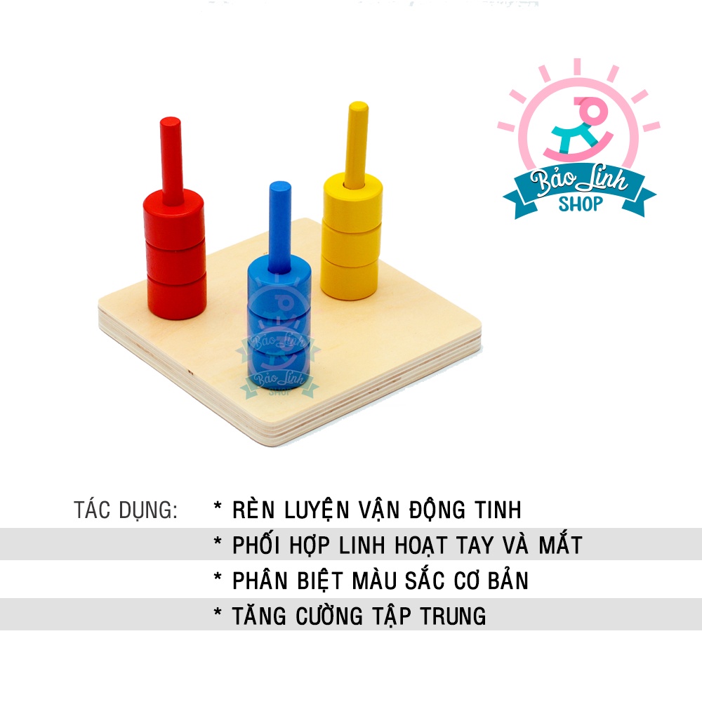Đồ chơi cho bé 1-2 tuổi - Thả cọc tròn 3 màu CHUẨN Montessori| Giáo cụ Montessori 0-3