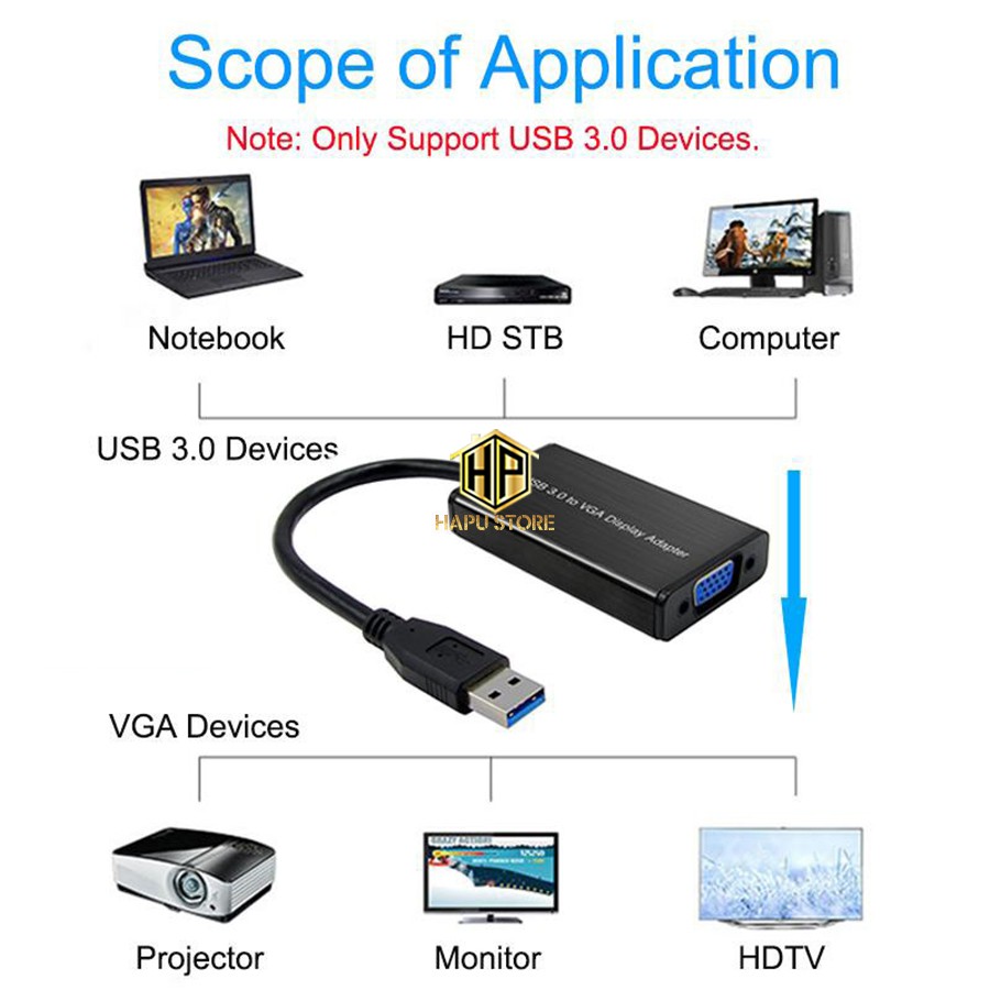 Cáp chuyển USB 3.0 to VGA hỗ trợ Full HD Onten OTN-5201 chính hãng - Hapustore