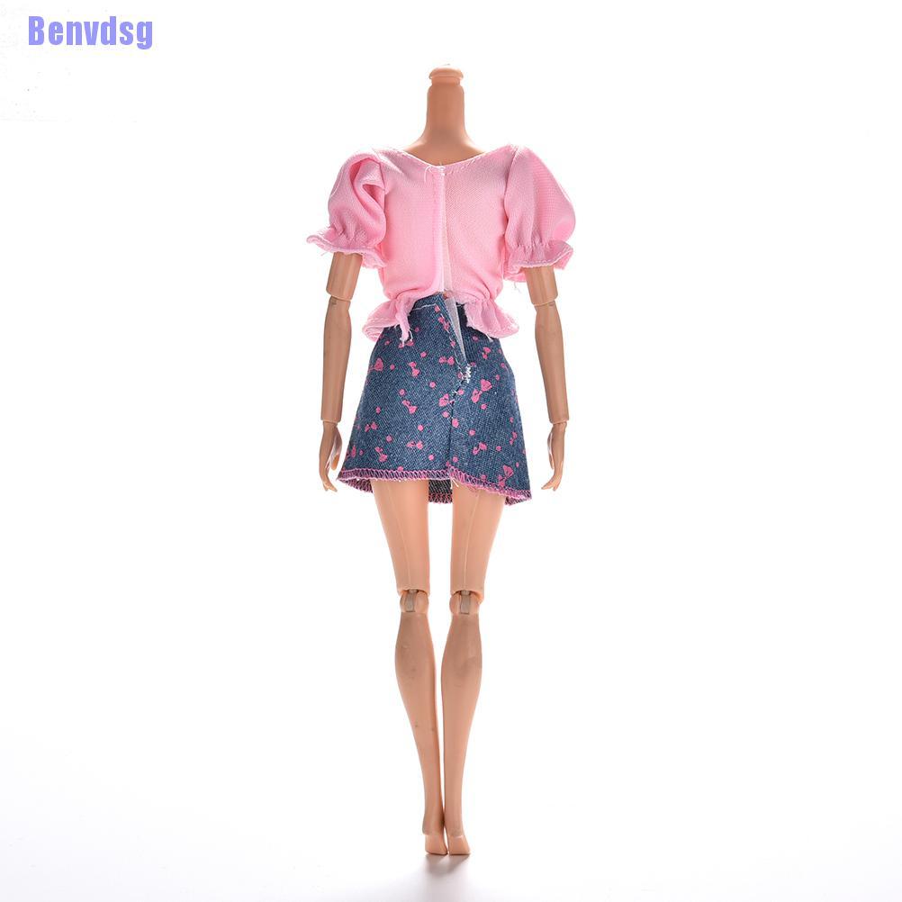 Set 2 Món Áo Thun Màu Hồng + Chân Váy Jean Xanh Cho Búp Bê Barbie