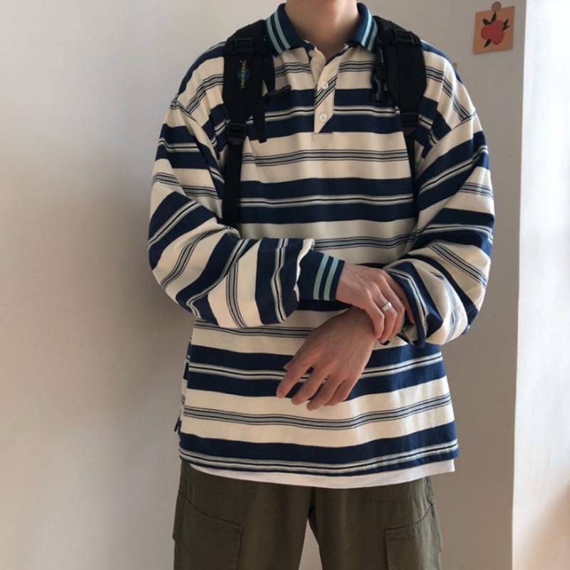 Áo thun POLO tay dài kẻ sọc thời trang mùa thu cho cặp đôi | BigBuy360 - bigbuy360.vn