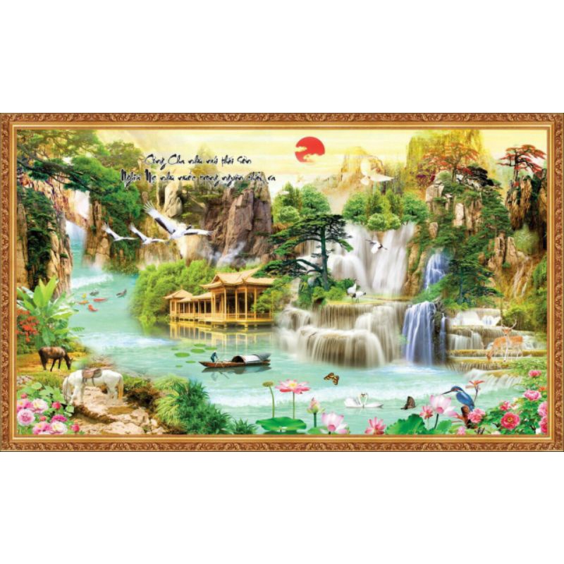 Tranh dán tường 3D sơn thủy hữu tình rẻ bền đẹp