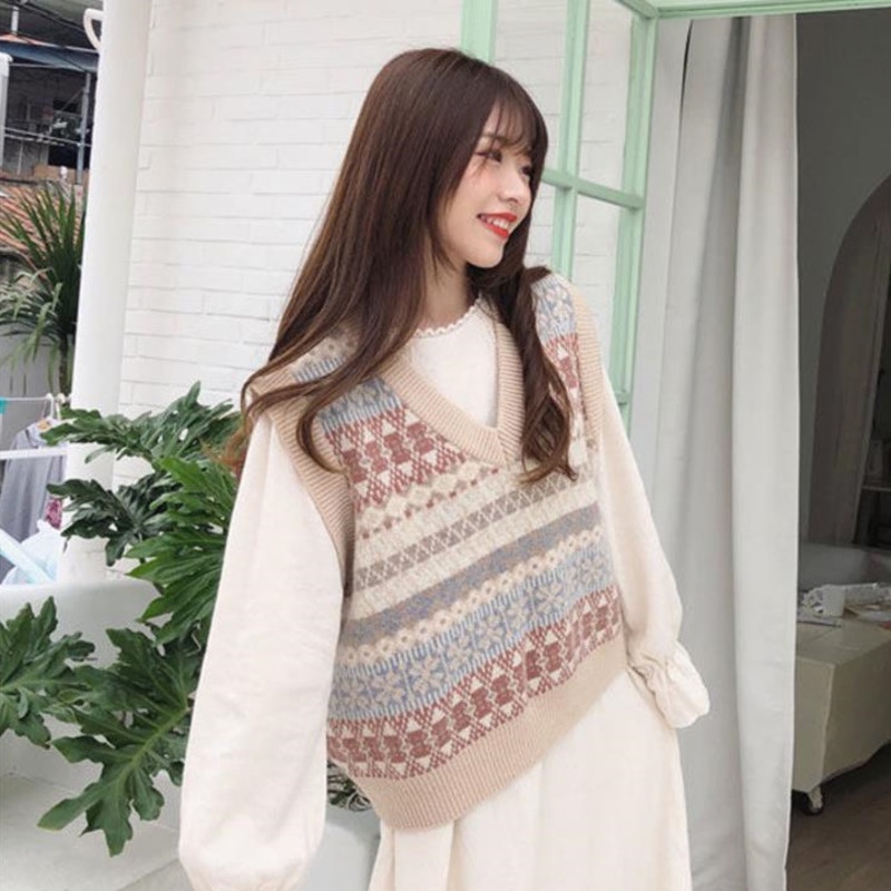 Áo Len Không Tay Cổ Chữ V Phong Cách Vintage Hàn Quốc