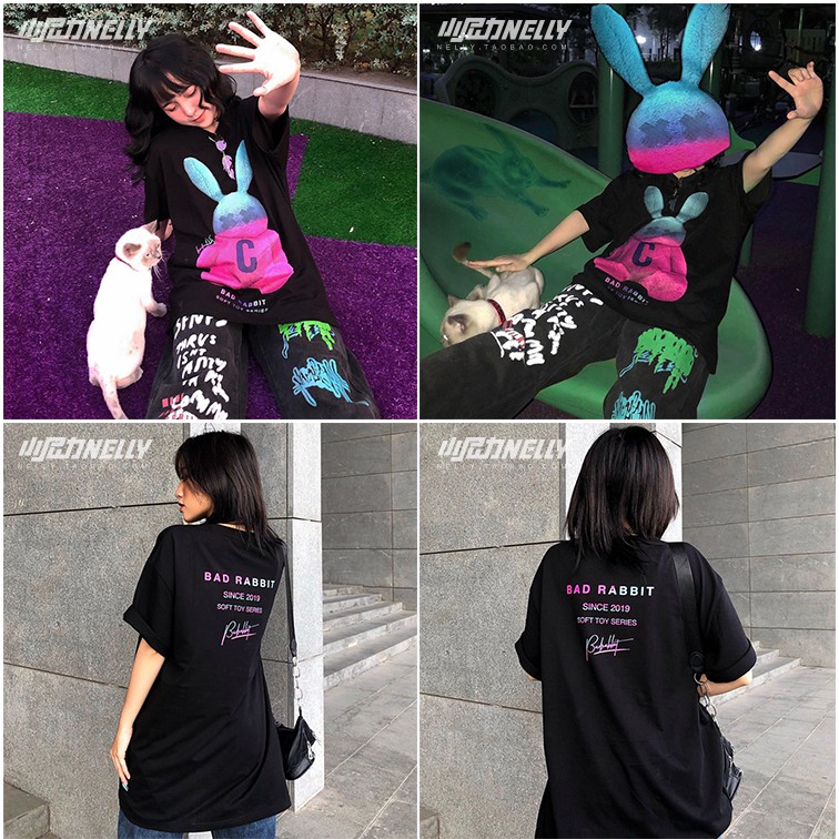 Áo phông nam nữ, áo thun nam nữ tay lỡ form rộng in hình thỏ C hai màu đen trắng siêu sang chất cotton mềm mịn | BigBuy360 - bigbuy360.vn