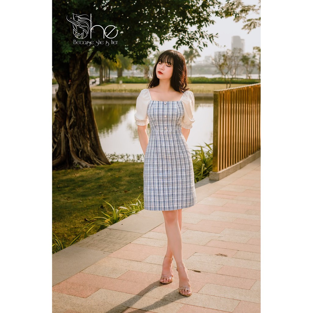 Váy cổ vuông 3 nút She, đầm nữ tay bồng dáng ôm đi chơi,công sở SD488 | BigBuy360 - bigbuy360.vn