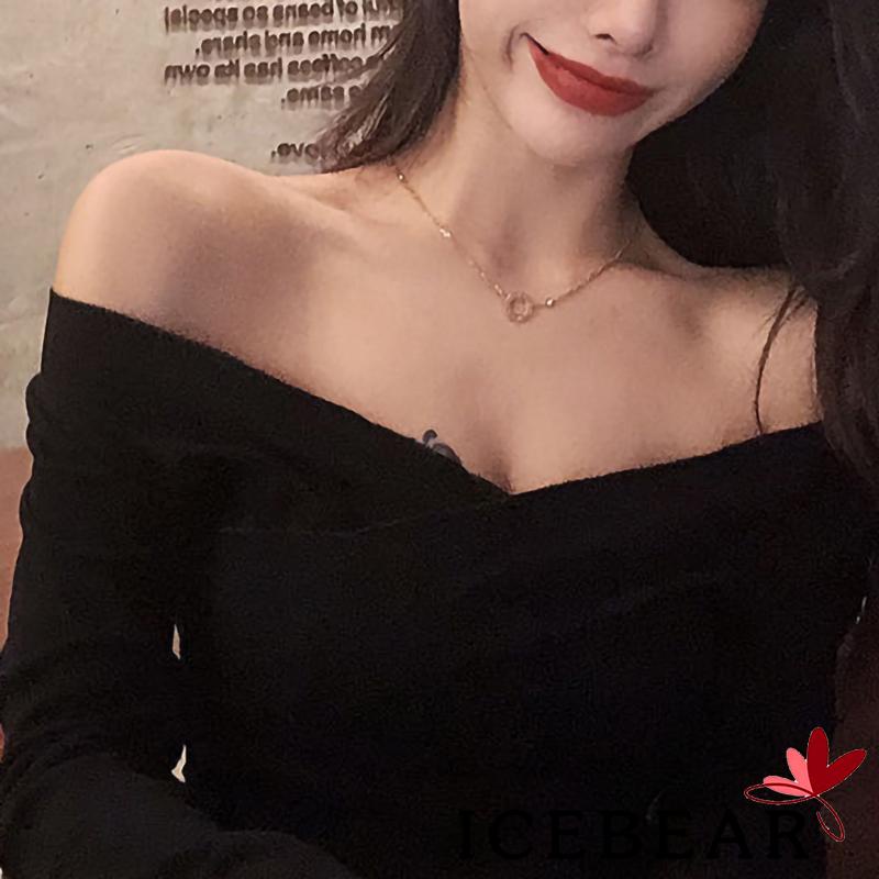 ICE-Women Off Shoulder Wrap Tops Long Sleeve Solid Color Irregular Hem Tight T-Shirts