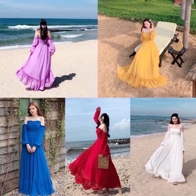 Đầm Maxi Trễ Vai Tay Dài Bèo Chân