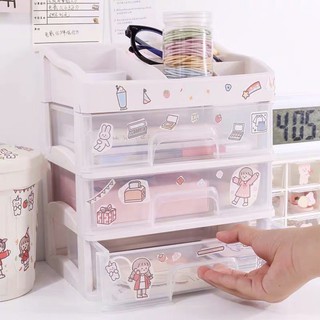 Tủ Nhựa Mini 3 Tầng Để Bàn Đựng Mỹ Phẩm, Đồ Trang Sức, Đồ Dùng Học Tập, Có Ngăn Kéo, Kèm Sticker