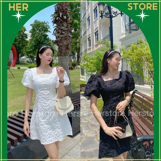 Đầm thiết kế chất liệu gấm hoa  tay bồng dáng chữ A- Herstore