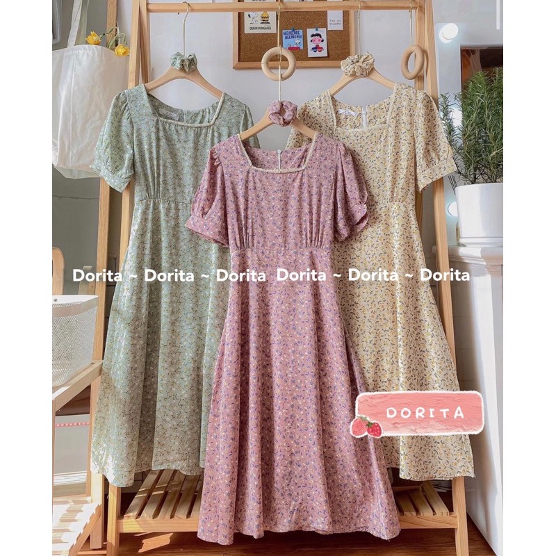 Váy hoa nhí vintage cổ vuông viền ren, Váy hoa nhí dáng dài tặng kèm Sunchies - Dorita Boutique | BigBuy360 - bigbuy360.vn