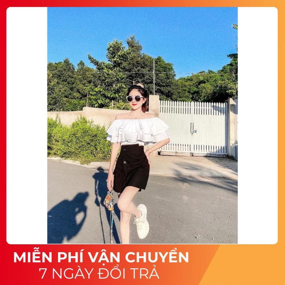 [ 𝐅𝐑𝐄𝐄 𝐒𝐇𝐈𝐏 ] Set Áo Trễ Vai Trắng Mix Chân Váy Cúc Lệch