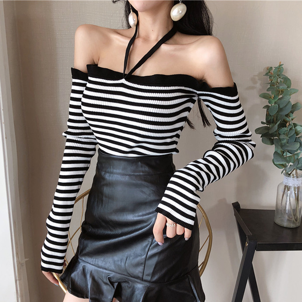Áo dệt kim tay dài kẻ sọc trắng đen gợi cảm dành cho nữ