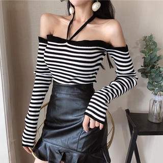 Áo Dệt Kim Nữ Tay Dài Kẻ Sọc Trắng Đen Gợi Cảm