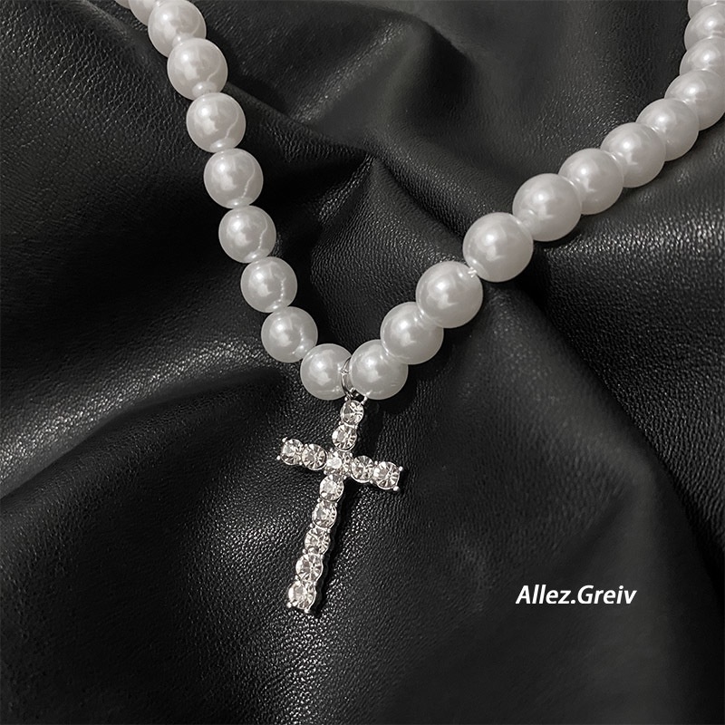 Vòng cổ Chuỗi Ngọc Trai Mặt Thánh Giá Phong Cách hip hop Đường Phố Mới