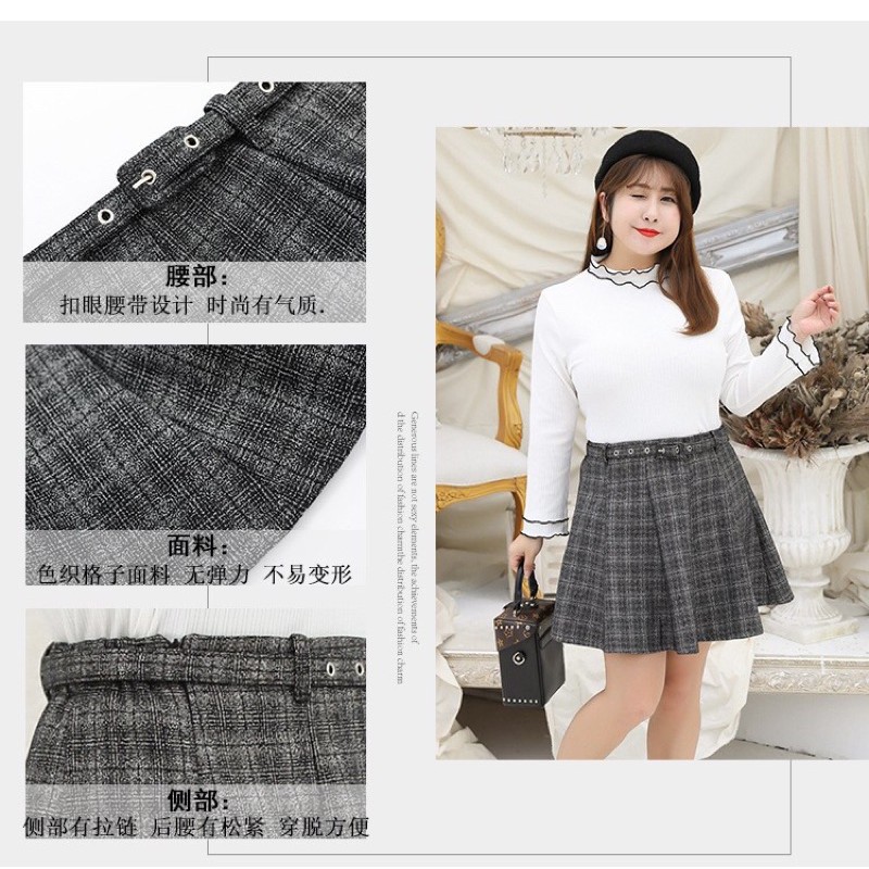 chân váy caro xoè big size xám đen ben trong có quần size 60-100kg