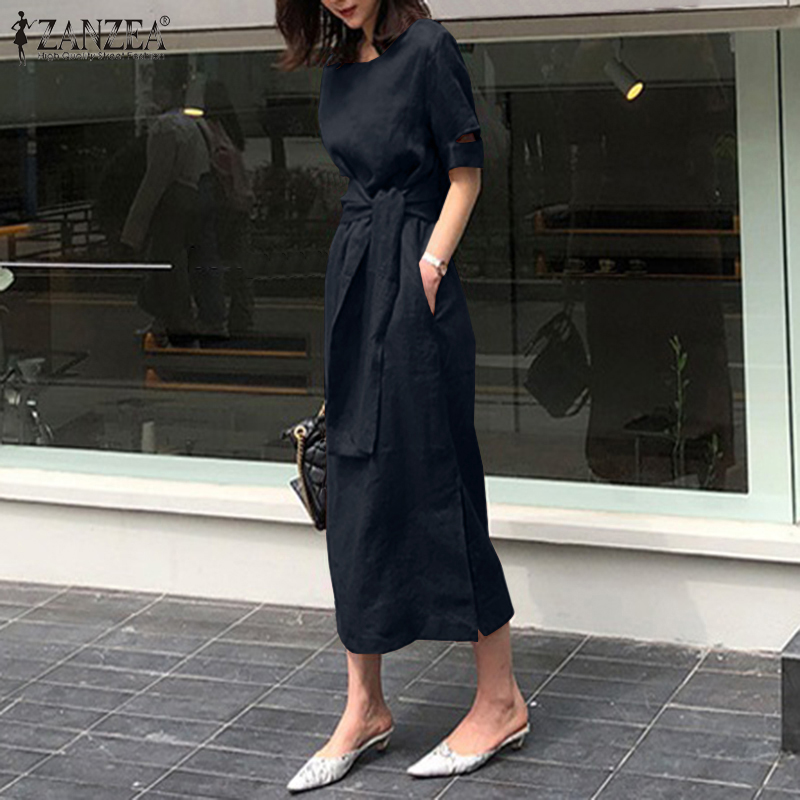 Đầm ZANZEA Cổ Tròn Tay Ngắn Cotton Trơn Cột Dây Xẻ Tà
