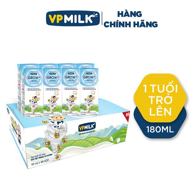 01 Thùng sữa tiệt trùng có đường VPMilk Grow+ trắng (110ml và 180ml) Ship hàng toàn quốc