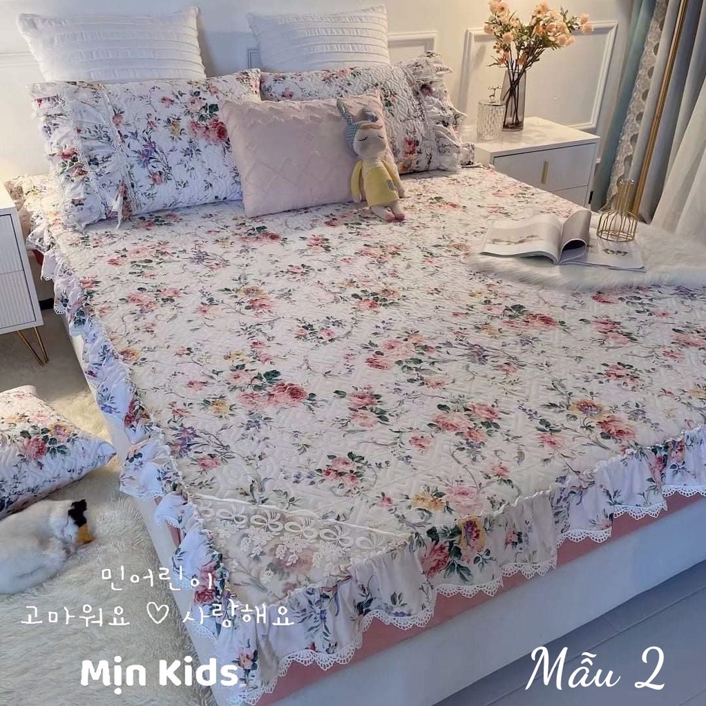 Set ga gối chần bông bo chun, ga gối MỊN KIDS, hoạ tiết hoa nhí Hàn Quốc