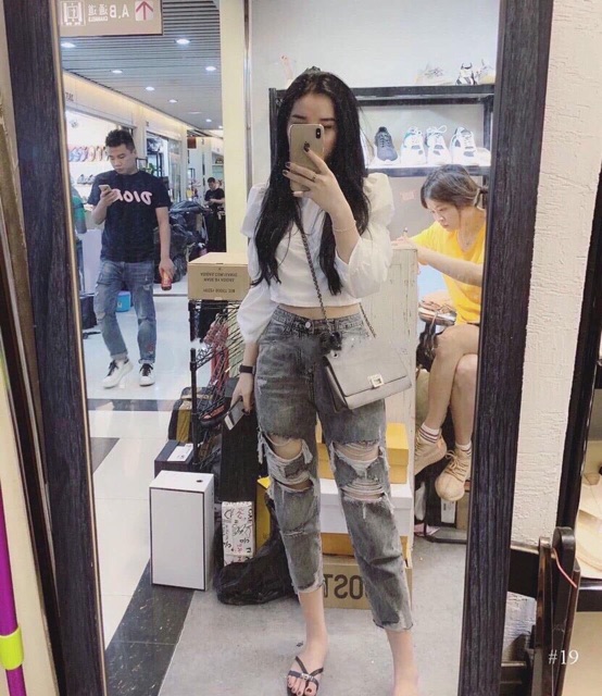 Quần baggy jean nữ lưng cao, cắt rách màu xám jean LB2020 LB Jean Fashion