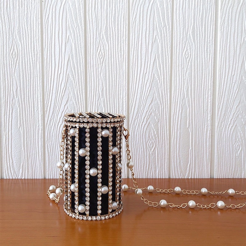 Túi dự tiệc đính đá dáng trống đứng nắp khoá nam châm cá tính