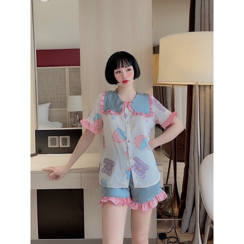 ♥️ Đồ Bộ Lụa ♥️ Bộ Pijama lụa đùi tiểu thư B2053.